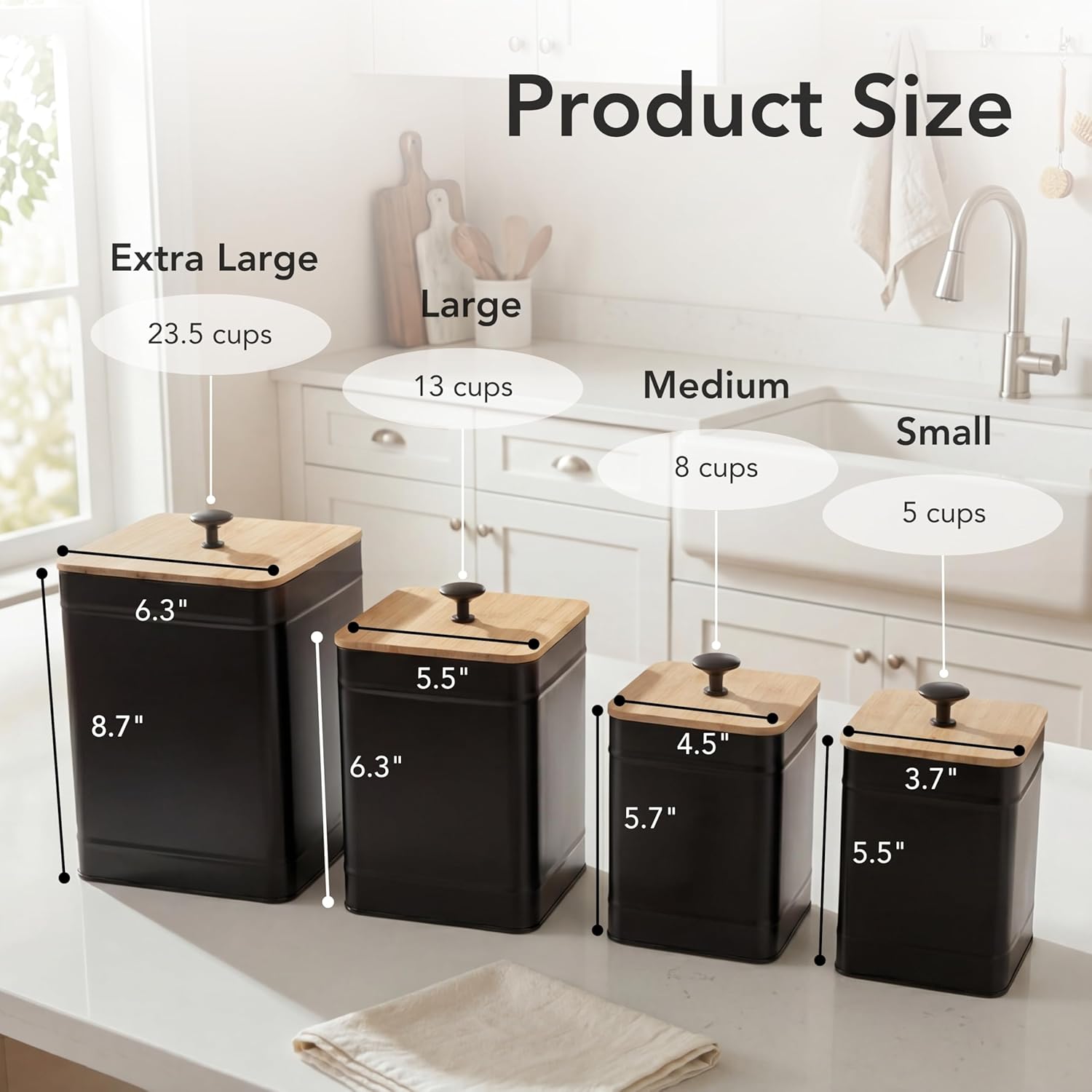 PERFNIQUE Kitchen Canisters, Airtight Canister Sets for Kitchen Counter, Kitchen Canisters for Countertop Set of 4, Coffee Tea Sugar Flour Spice Tin Jars Food Storage Container with Lid(Black) - Image 2