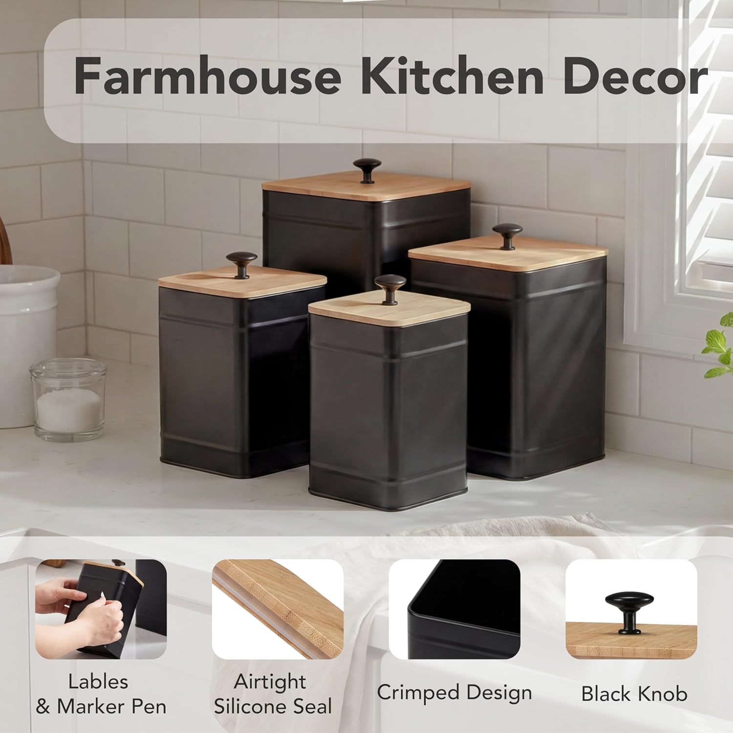 PERFNIQUE Kitchen Canisters, Airtight Canister Sets for Kitchen Counter, Kitchen Canisters for Countertop Set of 4, Coffee Tea Sugar Flour Spice Tin Jars Food Storage Container with Lid(Black) - Image 3