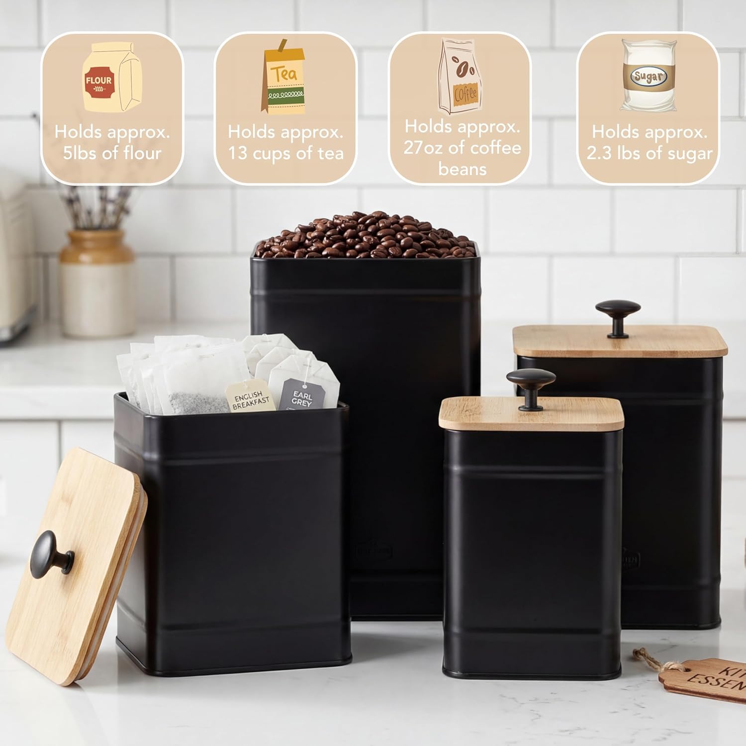 PERFNIQUE Kitchen Canisters, Airtight Canister Sets for Kitchen Counter, Kitchen Canisters for Countertop Set of 4, Coffee Tea Sugar Flour Spice Tin Jars Food Storage Container with Lid(Black) - Image 4