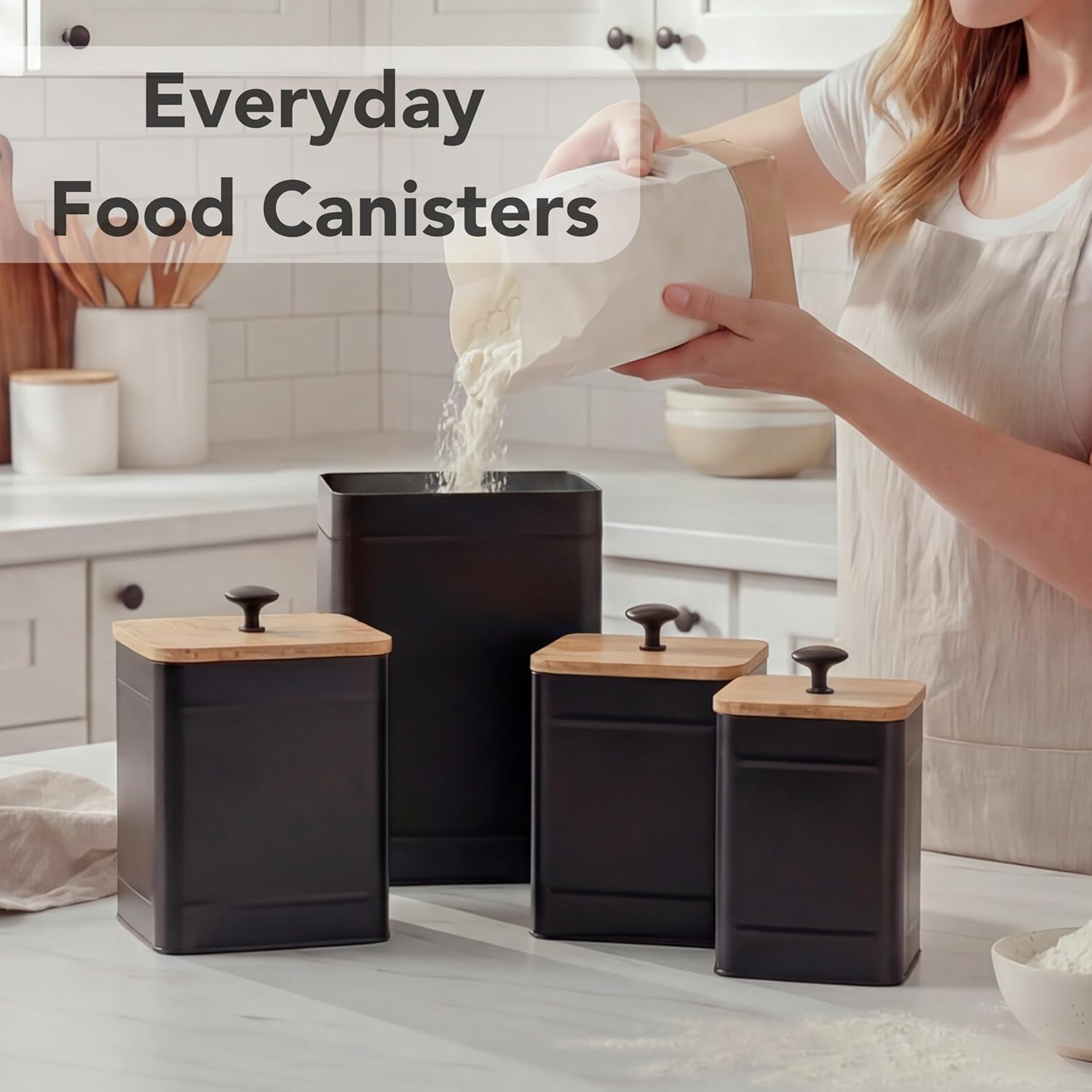 PERFNIQUE Kitchen Canisters, Airtight Canister Sets for Kitchen Counter, Kitchen Canisters for Countertop Set of 4, Coffee Tea Sugar Flour Spice Tin Jars Food Storage Container with Lid(Black) - Image 5