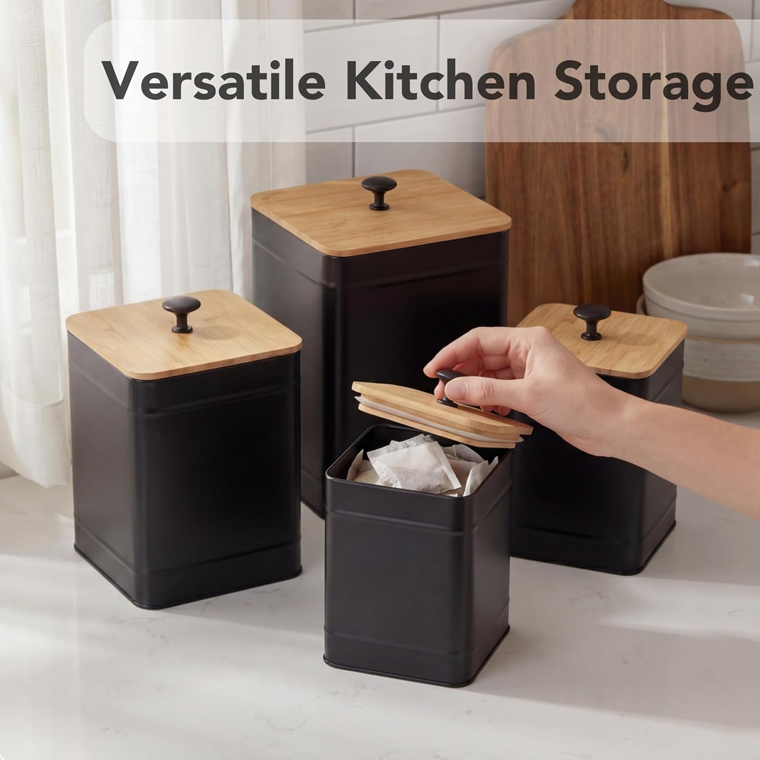 PERFNIQUE Kitchen Canisters, Airtight Canister Sets for Kitchen Counter, Kitchen Canisters for Countertop Set of 4, Coffee Tea Sugar Flour Spice Tin Jars Food Storage Container with Lid(Black) - Image 6