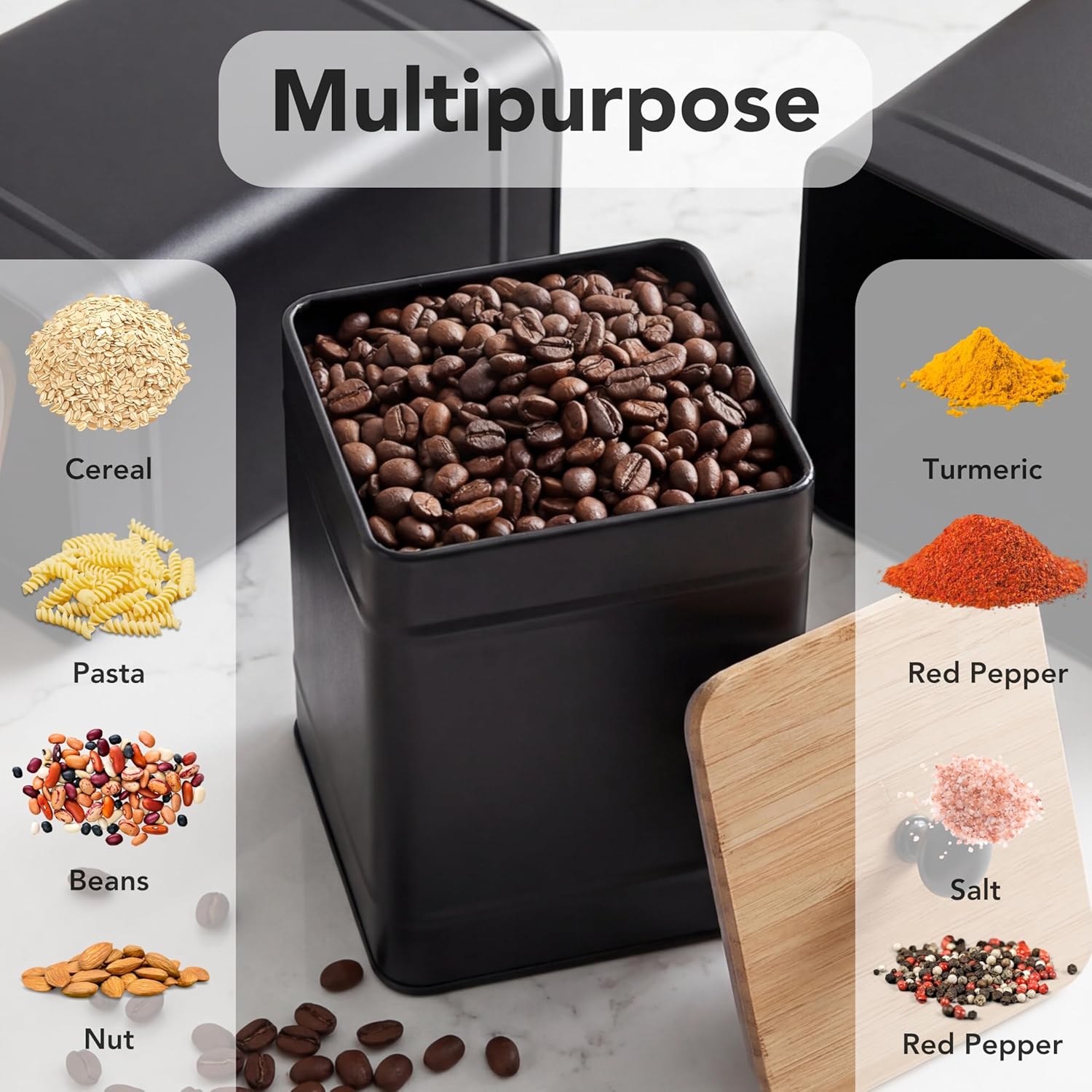 PERFNIQUE Kitchen Canisters, Airtight Canister Sets for Kitchen Counter, Kitchen Canisters for Countertop Set of 4, Coffee Tea Sugar Flour Spice Tin Jars Food Storage Container with Lid(Black) - Image 7