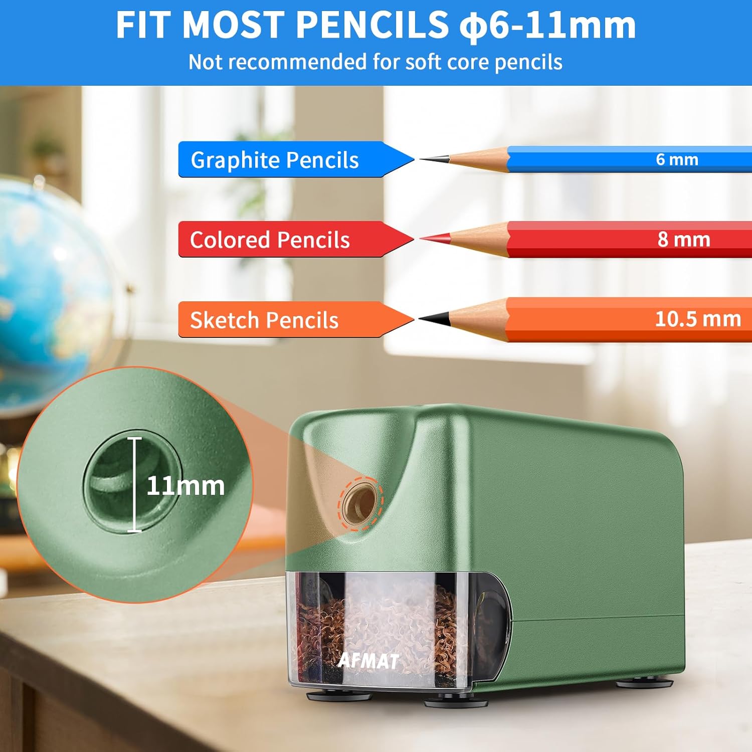AFMAT Heavy Duty Electric Pencil Sharpener, Auto Stop Classroom Pencil Sharpeners for 6-11mm No.2/Colored Pencils, Standard/Large Pencils, Fast Sharpen in 3s, Sharp Point, Teachers Must Haves PSX3 - Image 2