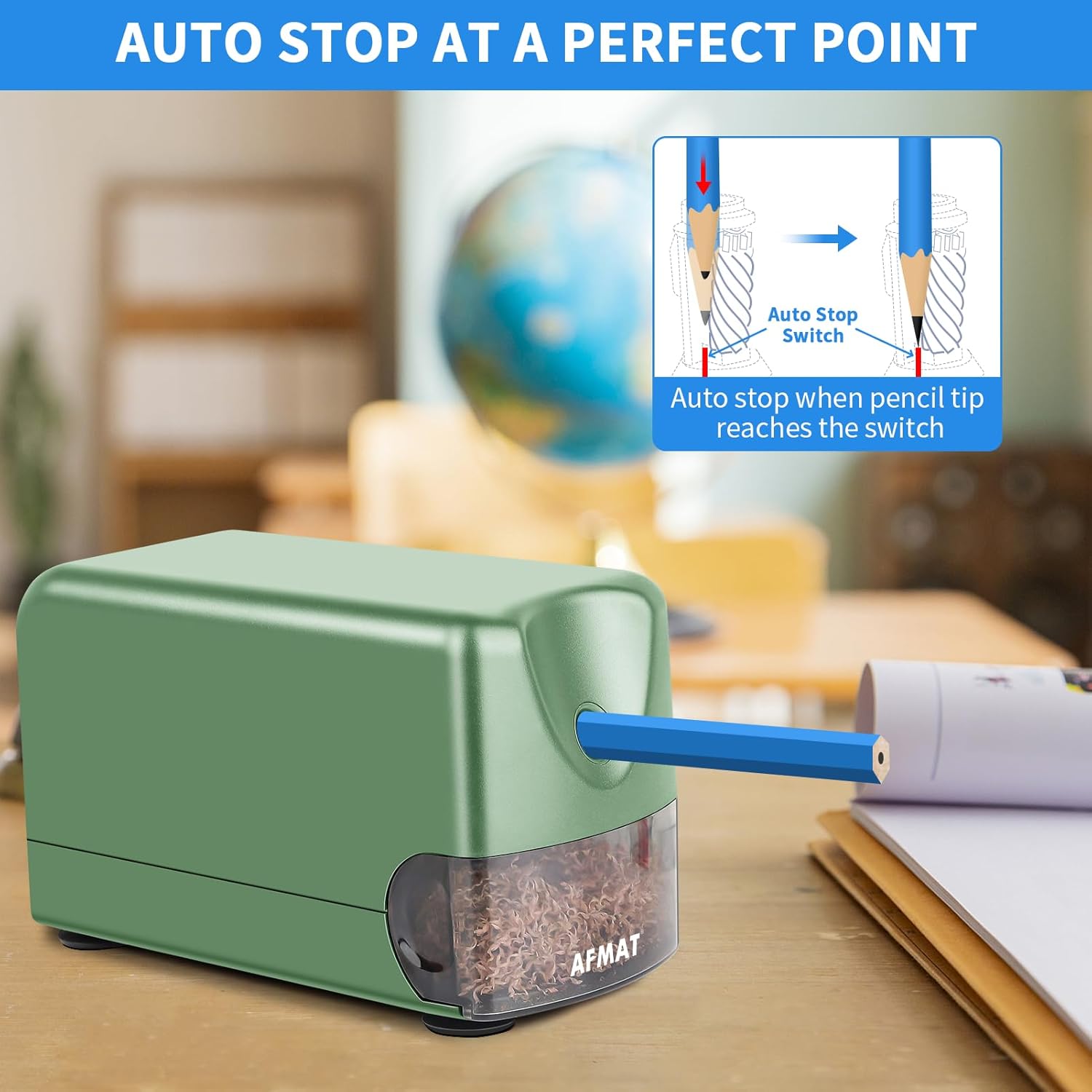 AFMAT Heavy Duty Electric Pencil Sharpener, Auto Stop Classroom Pencil Sharpeners for 6-11mm No.2/Colored Pencils, Standard/Large Pencils, Fast Sharpen in 3s, Sharp Point, Teachers Must Haves PSX3 - Image 3