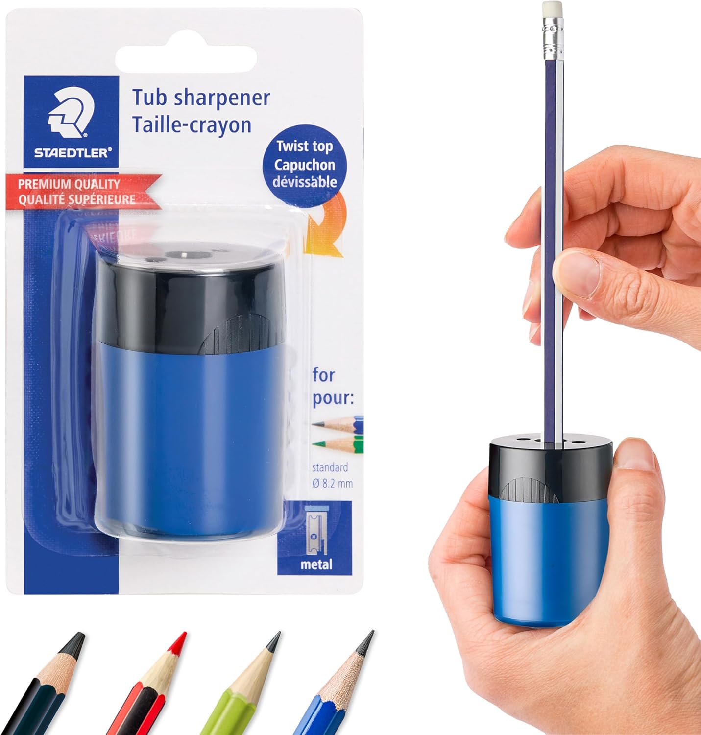 STAEDTLER pencil sharpener, premium quality sharpener with screw-on lid, prevents accidental openings, compact size for pencil case and work-station, 511 63BK